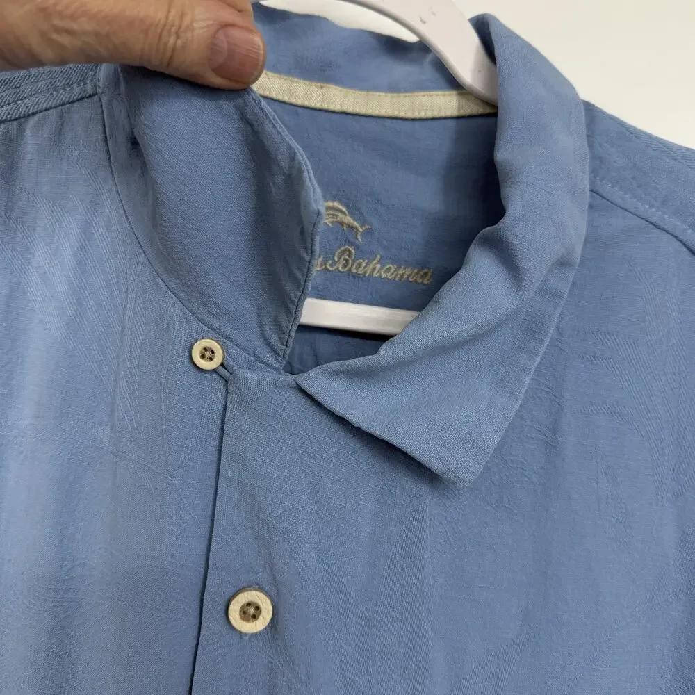 Tommy Bahama Button Shirt Size XXL Blue Silk Short Sleeve Loop Collar Coastal